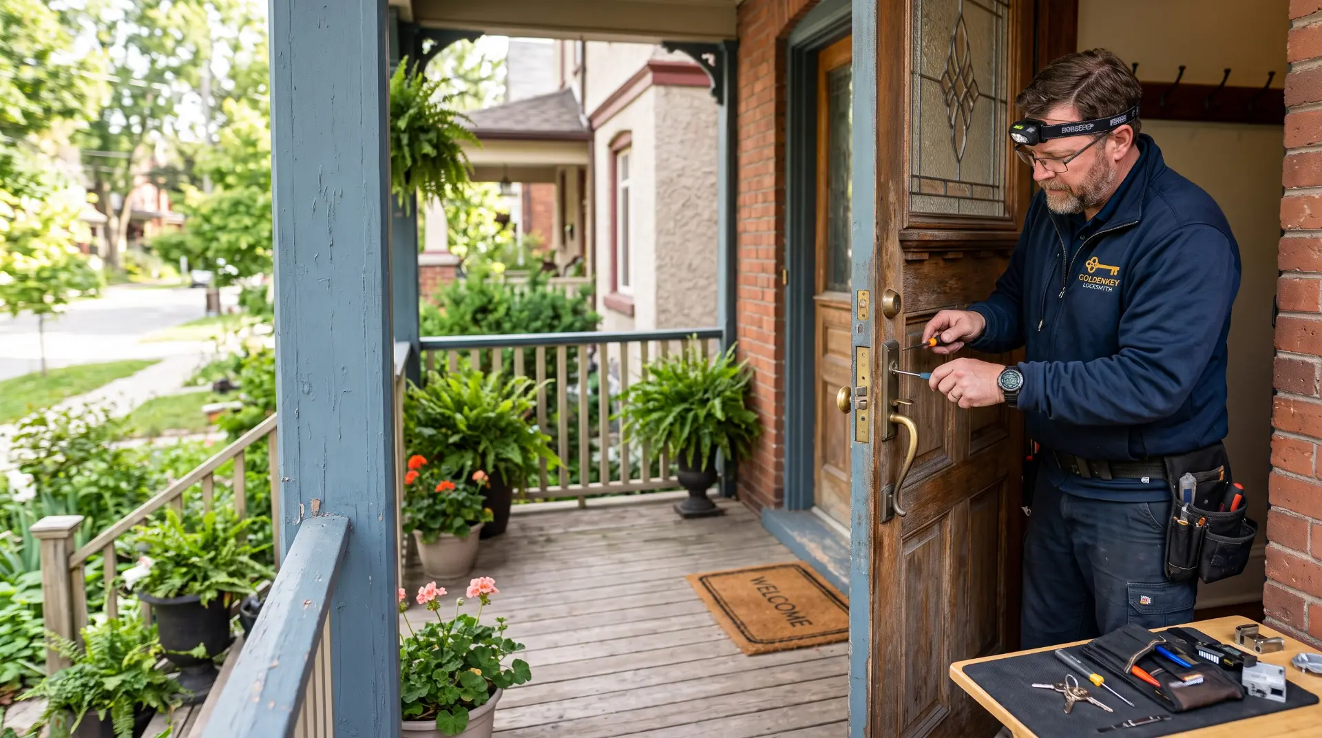 Golden Key locksmith at a front door, repairing the lock with tools